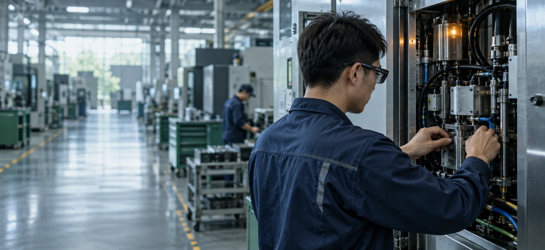 Maintenance worker wearing smart glasses beside industrial equipment